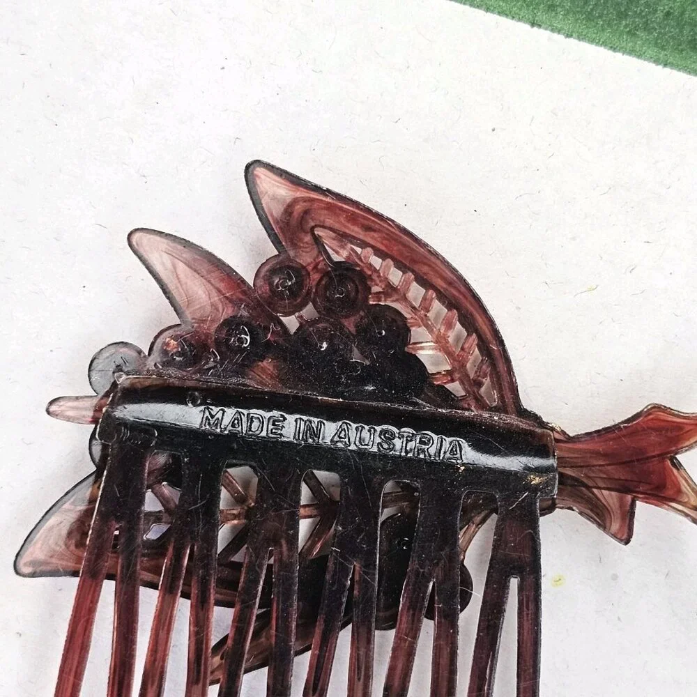 Vintage Tortoiseshell Hair Comb Brooch Jewels Rhinestones Austria Bouquet Leaves